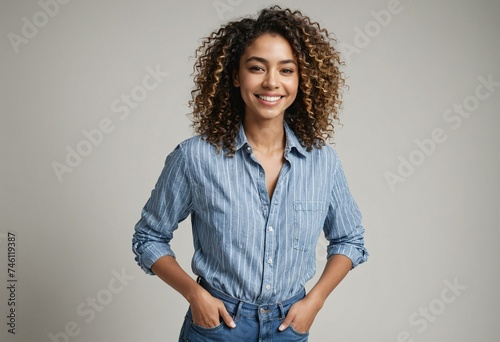 Smiling Curly-Haired Woman in Casual Chic Attire