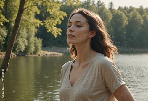 Lakeside Solitude: Woman at Peace with Nature's Bliss