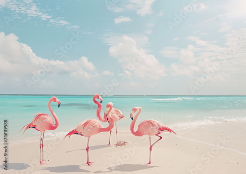 Flamingos by the ocean, with water, sky, and clouds in the background