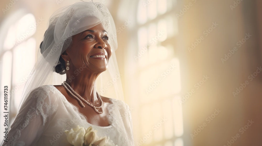 Joyful smiling senior African American bride in a white wedding dress. Concept of wedding joy, senior love, new beginnings, celebratory moments, and elegant aging. Banner with copy space Joyful smiling senior African American bride in a white wedding dress. Concept of wedding joy, senior love, new beginnings, celebratory moments, and elegant aging. Banner with copy space