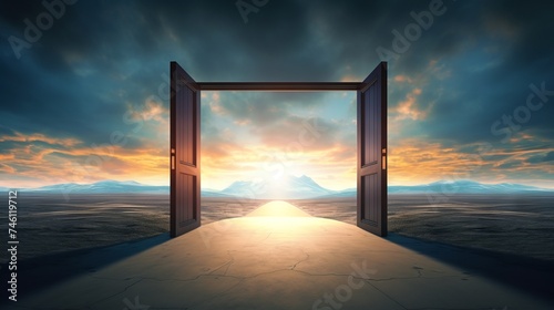 Doorway revealing scenic road leading to mountains under a sunset sky. Concept of new beginnings, hope, freedom, travel, adventure, discovery, the unknown, mystery, endless possibilities.