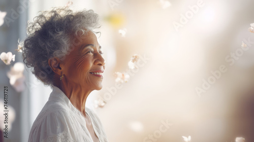 Joyful Senior African American bride in a white wedding dress. Concept of wedding joy, senior love, new beginnings, celebratory moments, and elegant aging. Banner with copy space