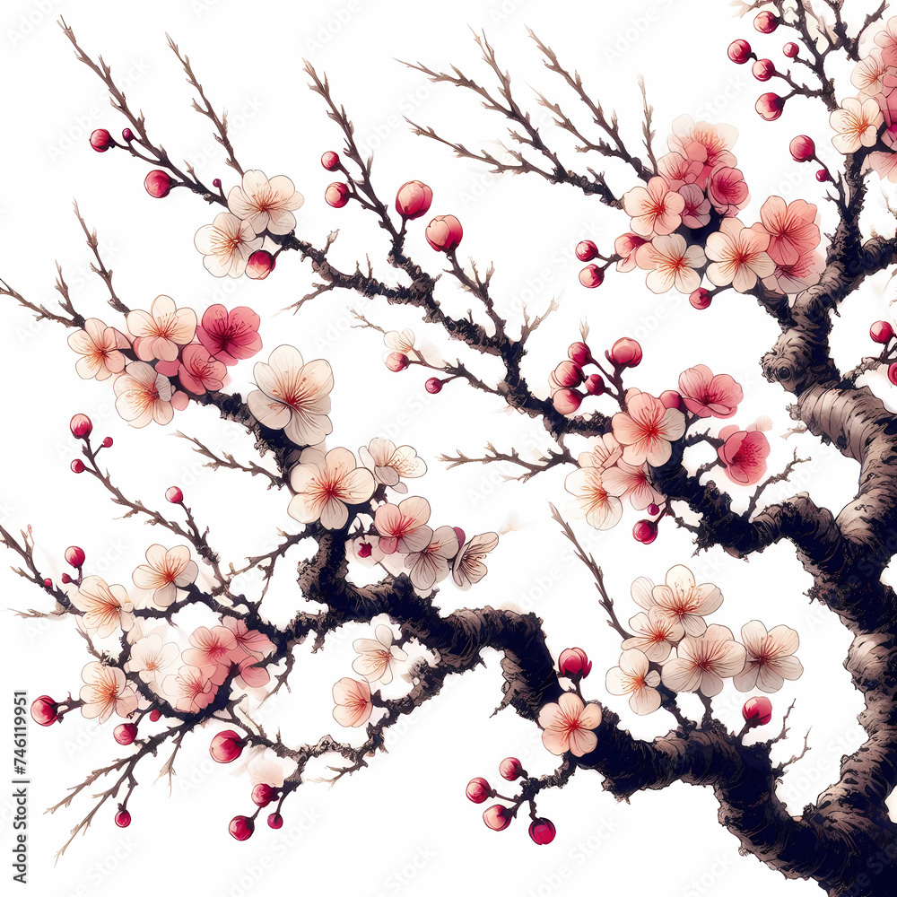 Fototapeta premium Japanese style painting of cherry bloom bamboo landscape