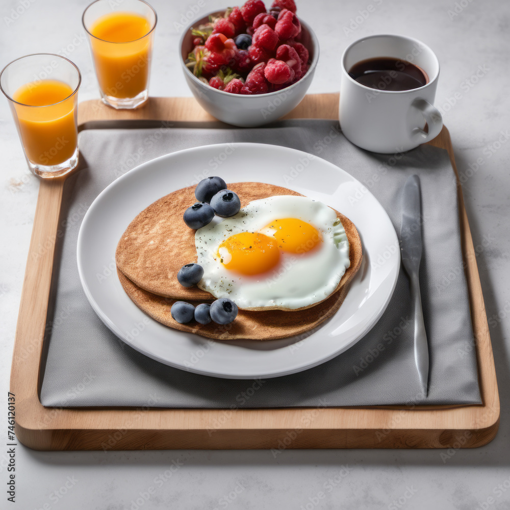 Closeup photo of a nutritious breakfast on a modern minimalist board on countertop in a sleek urban kitchen. Closeup photo of a nutritious breakfast on a modern minimalist board on countertop in a sleek urban kitchen.