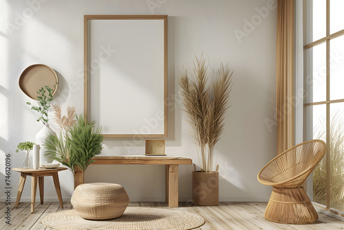 modern interior with a large empty frame for text on the wall  modern interior in minimalist style  3D illustration of an interior with a frame on the wall