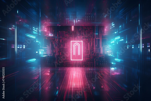 Abstract concept of data security; neon