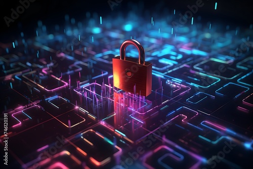Abstract concept of data security; neon