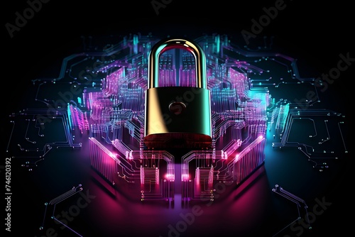 Abstract concept of data security; neon