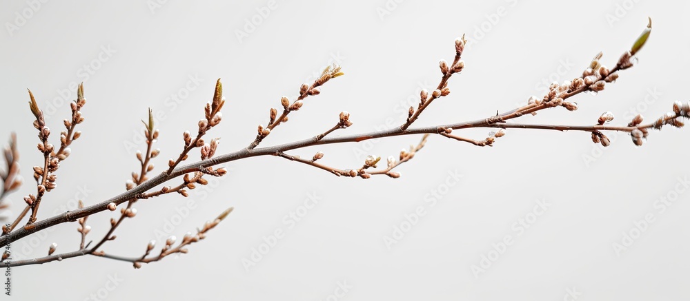 This close-up photograph captures the intricate details of a bare willow branch against a white background, highlighting the absence of leaves.