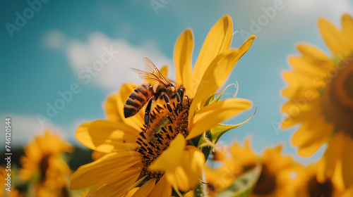 Abelha coletando pólen em girassol com fundo desfocado e suave luz natural