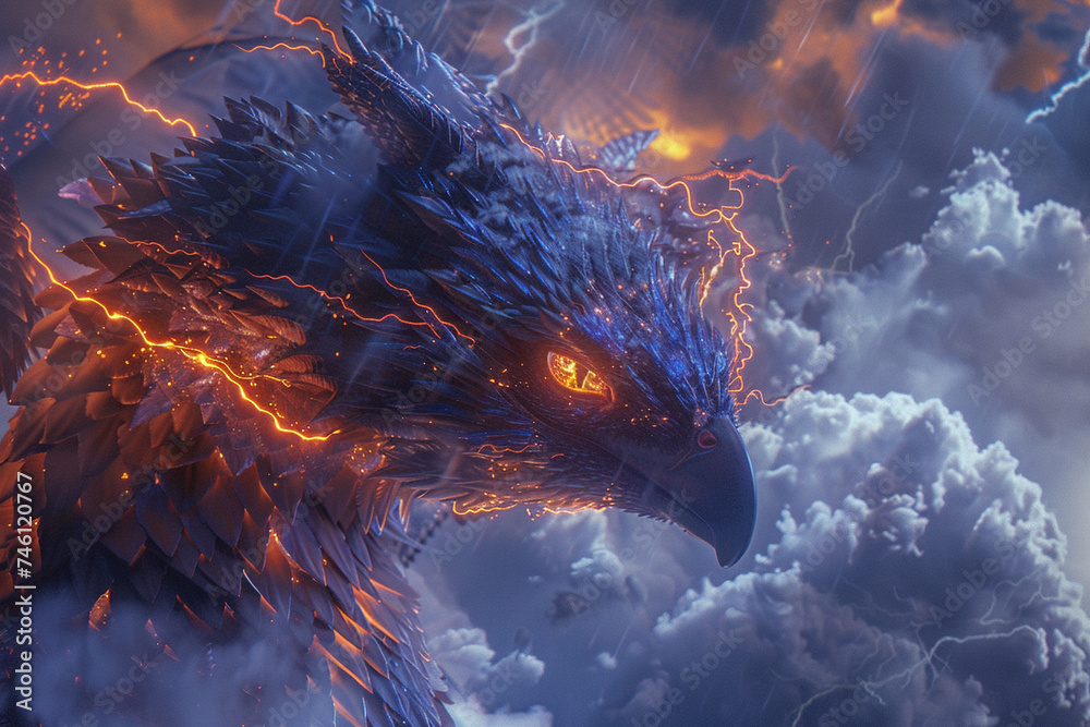 A close up of a dragon lightning bird hybrid with eyes glowing like storm clouds scales shimmering with static electricity and feathers sparking with lightning set against a tumultuous sky