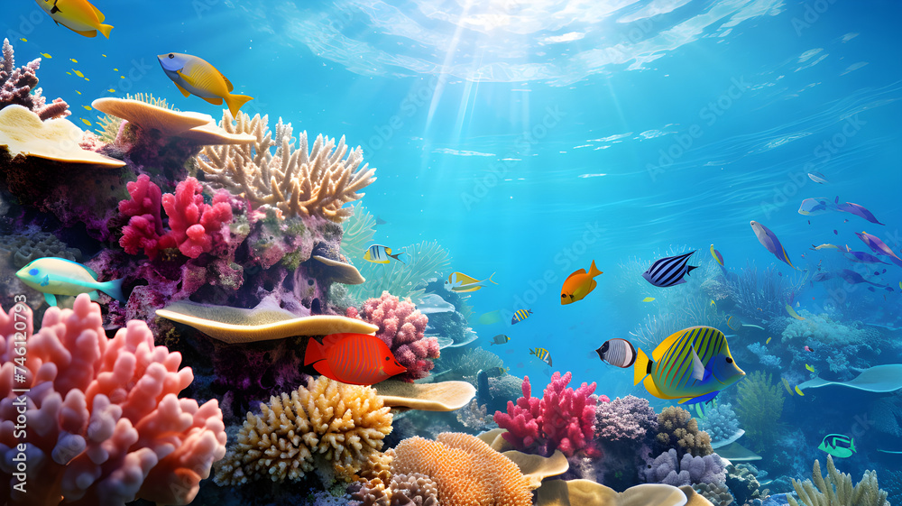 Obraz premium Vibrant underwater coral reef with tropical fish