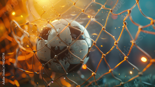3D rendering of a soccer ball mid air before entering the goal hyper realistic textures of the ball and net the decisive moment of victory captured with dramatic lighting