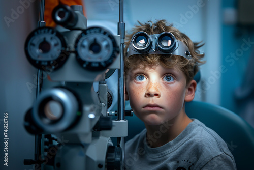 A child sitting at an eye exam looking through a phoropter the room softly lit to focus on the childs curious expression photo