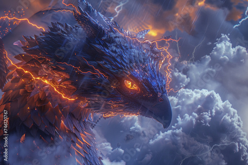 A close up of a dragon lightning bird hybrid with eyes glowing like storm clouds scales shimmering with static electricity and feathers sparking with lightning set against a tumultuous sky © JR-50