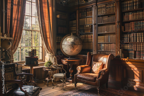 A luxurious room filled with the scent of rare woods and leather golden sunlight filtering through heavy curtains highlighting a collection of antique books and a vintage globe photo