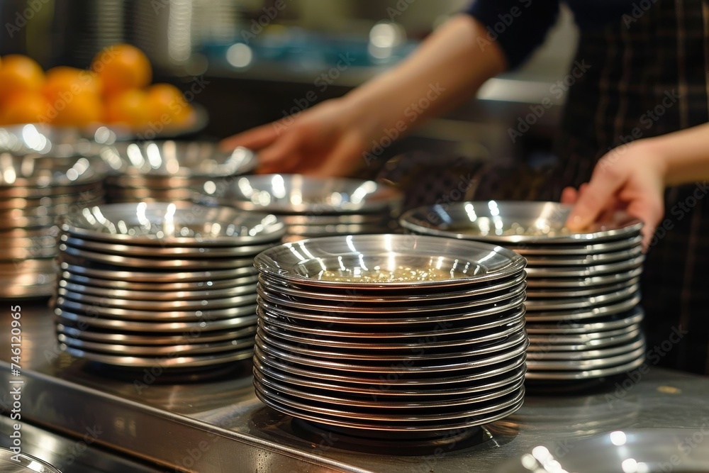 A chef's hands meticulously organizing stacks of spotless metal plates in a commercial kitchen reflecting hygiene and precision