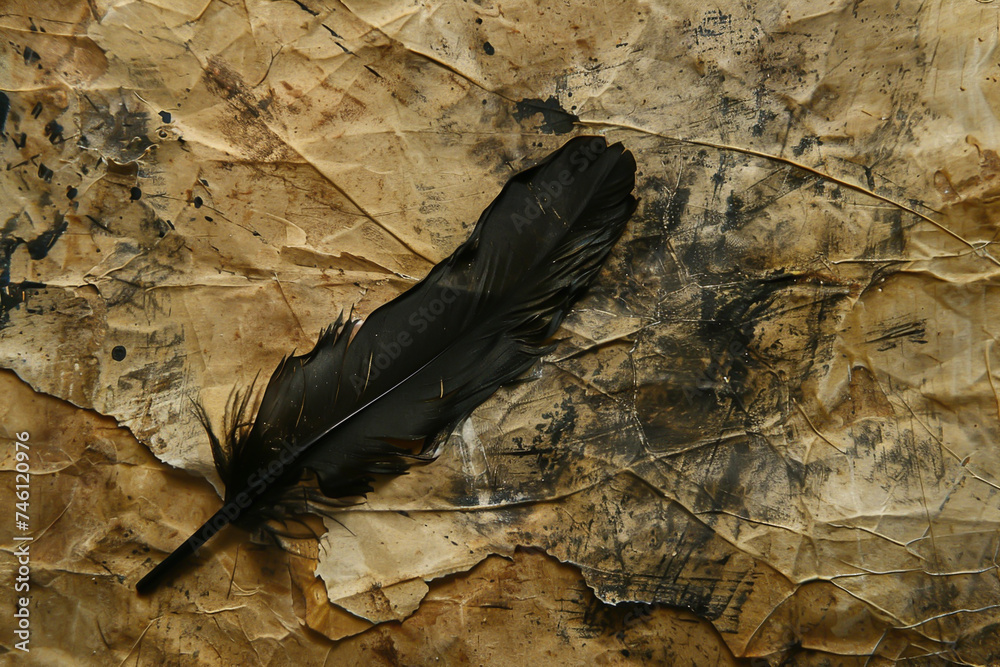 Close up of an antique ink quill resting on an aged parchment details highlighting the feathers texture and the inks sheen - obrazy, fototapety, plakaty 