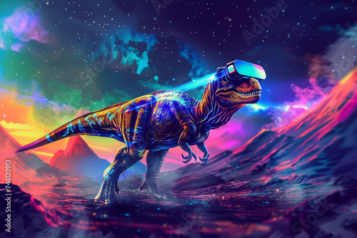 An artistic illustration of a majestic dinosaur exploring a futuristic virtual landscape through VR glasses with vibrant colors and dynamic lighting © JR-50