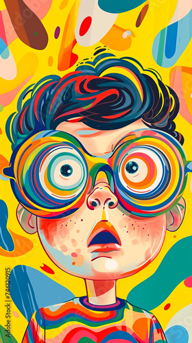 Cartoon of a child wearing oversized glasses during an eye exam with exaggerated facial expressions and colorful abstract shapes symbolizing vision