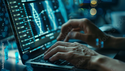 Close up of a geneticists hands typing on a keyboard with the screen showing sophisticated genome editing software visualizing DNA strands and genetic data