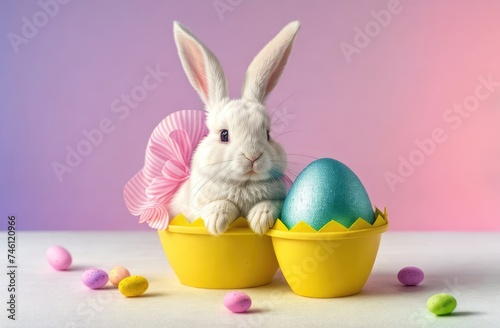 Easter banner with cute Easter bunny hatching from pastel color Easter egg on pastel color background. Illustration of Easter rabbit sitting in cracked eggshell. Happy Easter greeting card.Copy space. © Anzelika