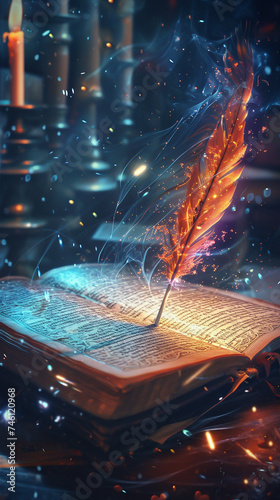 Digital art of a feather quill pen overlaying an open book pages filled with glowing symbols and scripts emphasizing the magic of writing photo