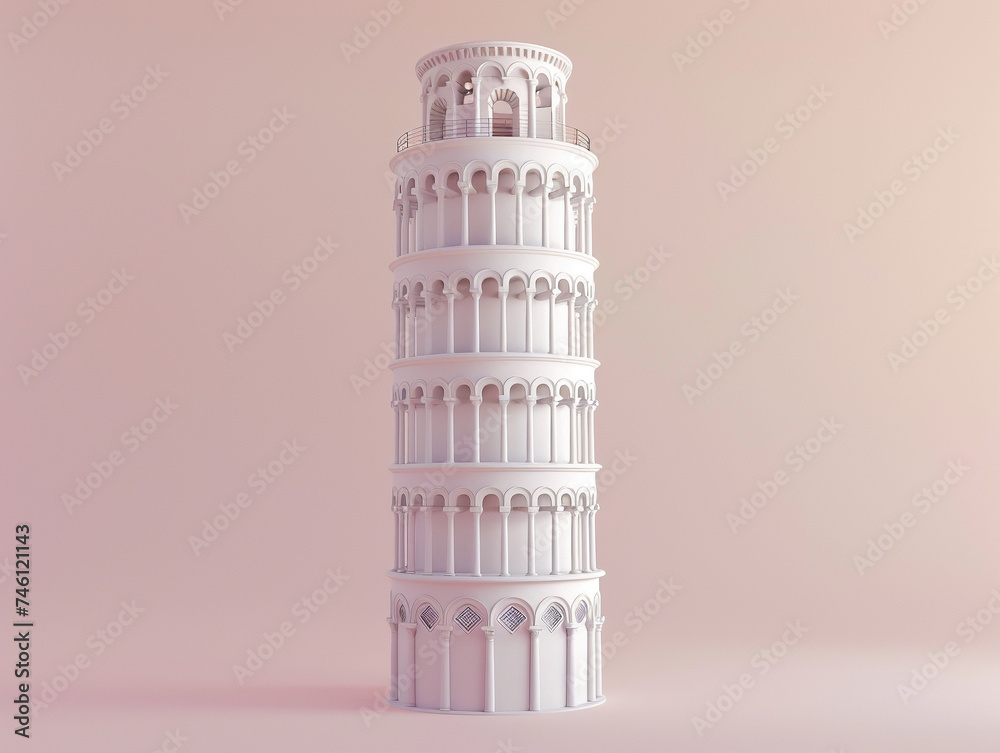 The Leaning Tower of Pisa rendered as a minimalist 3D sculpture clean lines and smooth surfaces highlighting its tilt in a serene abstract environment