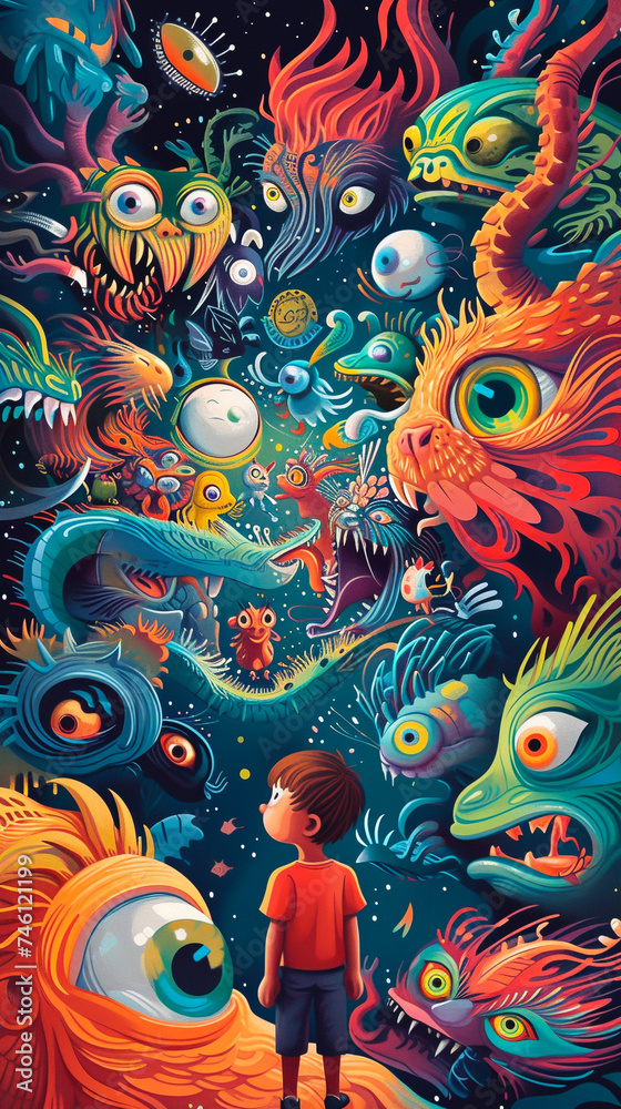 Whimsical illustration of a child at an eye exam surrounded by imaginative creatures that represent different vision tests vibrant colors and playful style Whimsical illustration of a child at an eye exam surrounded by imaginative creatures that represent different vision tests vibrant colors and playful style