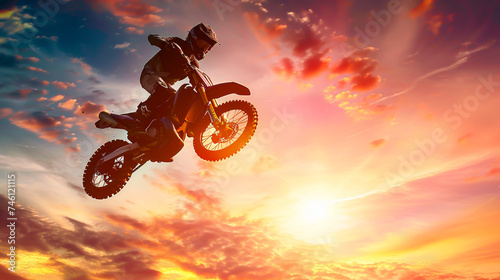 Sunset silhouette of a motocross racer executing a high jump dramatic backlighting outlines the intricate details of the motorcycle against the vibrant sky