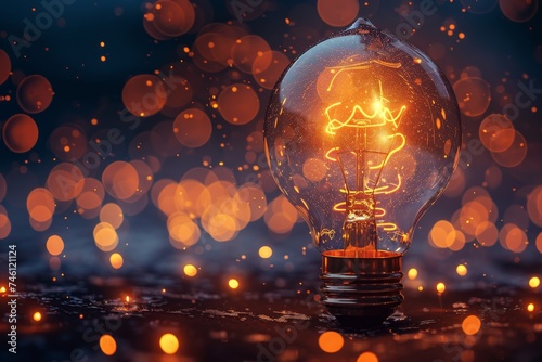 An illuminated bulb with a glowing filament stands out against a backdrop of warm, abstract bokeh lights suggesting innovation and ideas