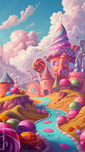 Whimsical illustration of a magical candy land vibrant colors and playful candy shapes a dreamy landscape filled with sweet treats photo