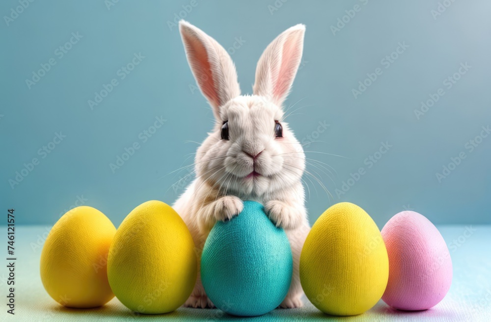 Easter banner with cute Easter bunny hatching from pastel color Easter egg on pastel color background. Illustration of Easter rabbit sitting in cracked eggshell. Happy Easter greeting card.Copy space. Easter banner with cute Easter bunny hatching from pastel color Easter egg on pastel color background. Illustration of Easter rabbit sitting in cracked eggshell. Happy Easter greeting card.Copy space.