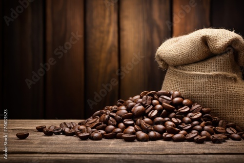 Coffee beans in sacks on wooden background