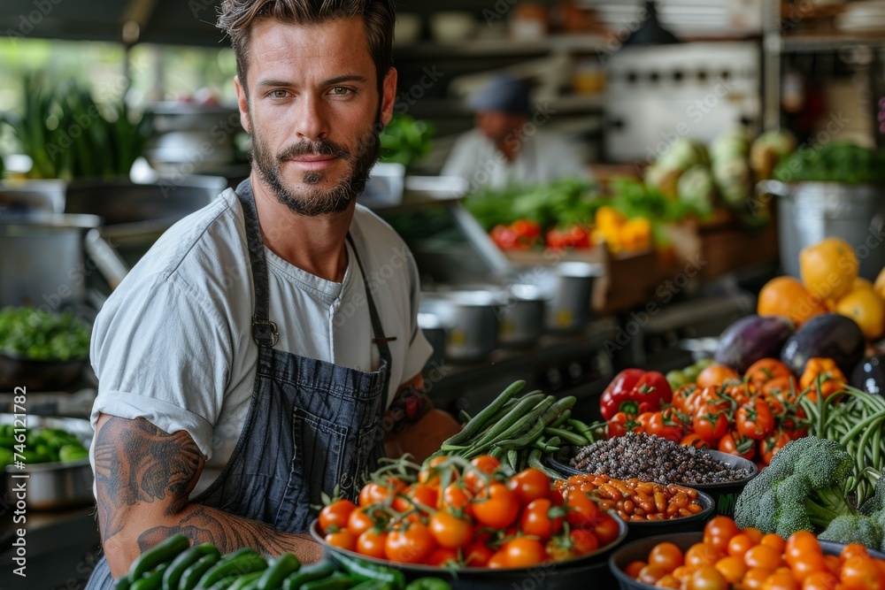 Fototapeta premium A tattooed chef presents fresh vegetables in a kitchen with a focused and professional look