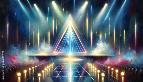 This is an impressionistic painting of a vibrant concert stage with a dynamic light show emanating from a central triangular structure.