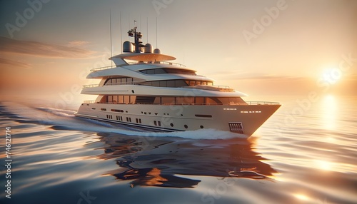 A luxury yacht sails on calm waters as the sun sets, casting a warm glow on the scene.

