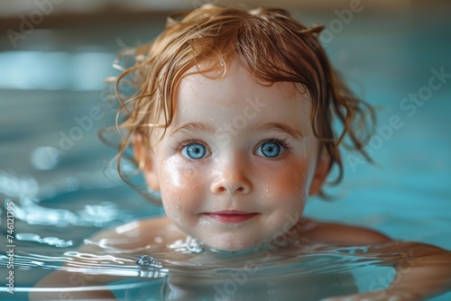 A young child with wet hair enjoys swimming  clear water reflecting off the face