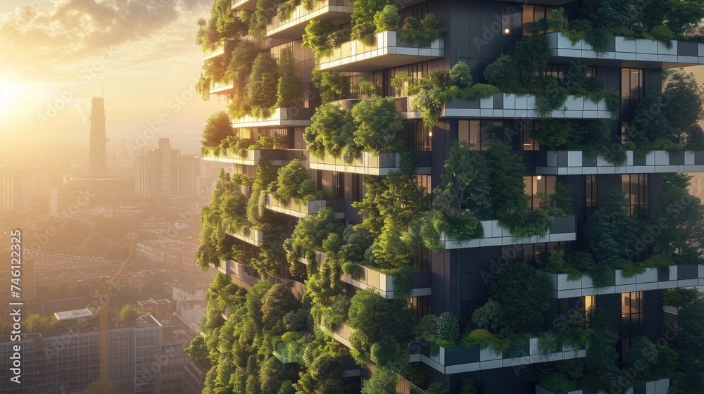 The building's facade is adorned with plants and trees, creating a lush landscape visible from above. AIG41