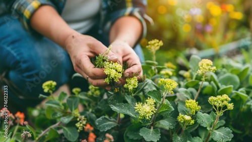 gardener's hands gently care for Alchemilla,is harvesting Rhodiola plants, engaging in the delicate task of nurturing growth and tending to the natural world. photo