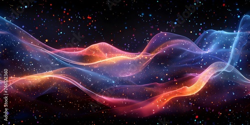 Abstract Illuminated Background of Vibrant Dynamic Waves, Stars, and Glowing Lines: Seamless Design. Concept Abstract Art, Illuminated Background, Vibrant Waves, Glowing Lines, Seamless Design