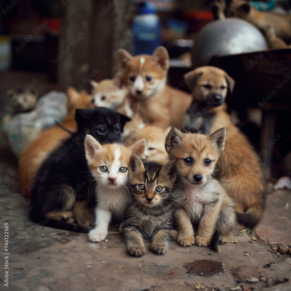 Adorable Group of Puppies and Kittens Together