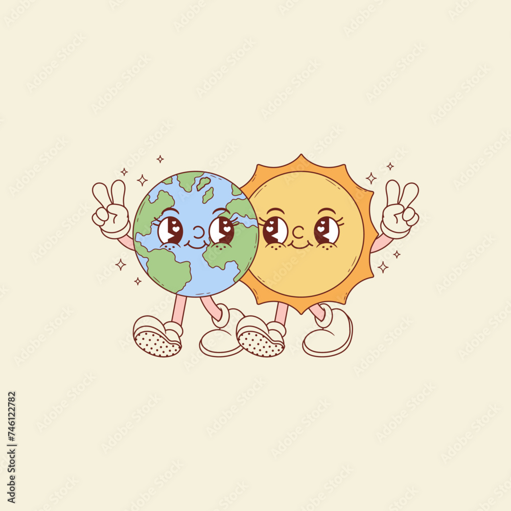 cute retro illustration of planet earth next to the sun cute retro illustration of planet earth next to the sun