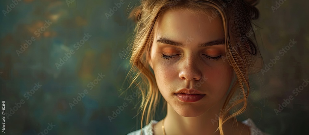 A painting depicting a woman with her eyes closed, exuding a sense of peaceful contemplation and inner reflection. The artwork captures the depth and beauty of the woman in a meditative state.
