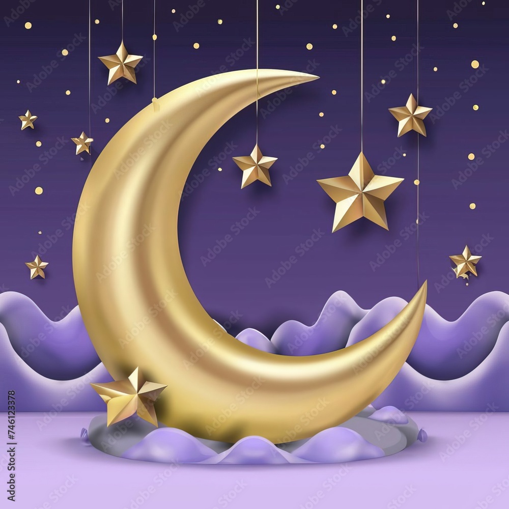 Naklejka premium A design for a Ramadan crescent decorated with an Islamic ornament and illuminated dazzlingly from the inside 