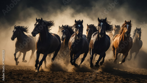 Magnificent herd of dark horses in the background motion