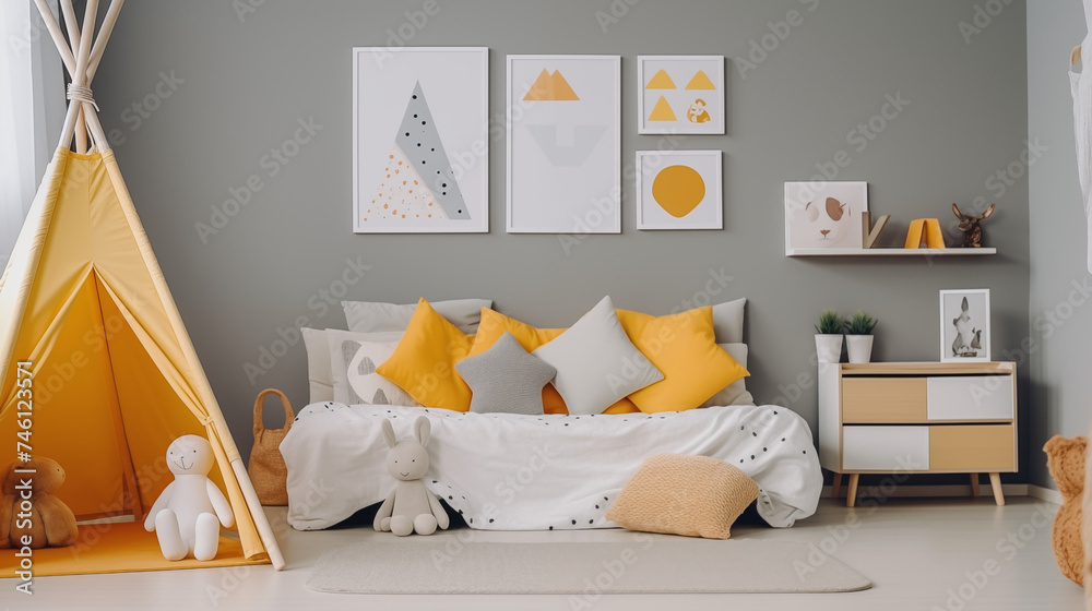 Obraz premium Ramka na obraz lub zdjęcie na ścianie - mockup. Wystrój wnętrza pokoju dziecięcego w żółtych i szarych kolorach - dekoracja 