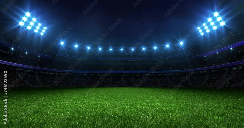 Sports stadium background at night with glowing spotlights. Camera flying over grass field. Professional 4K video loop for sports advertisement.