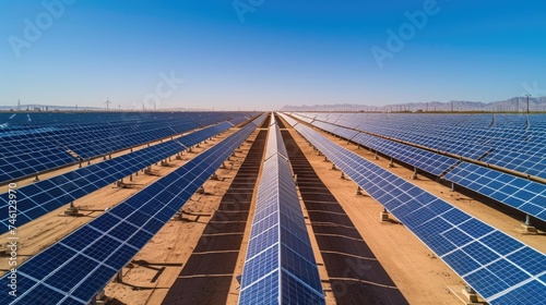 A vast solar panel farm stretches across a desert landscape  harnessing the power of the sun for renewable energy. AIG41