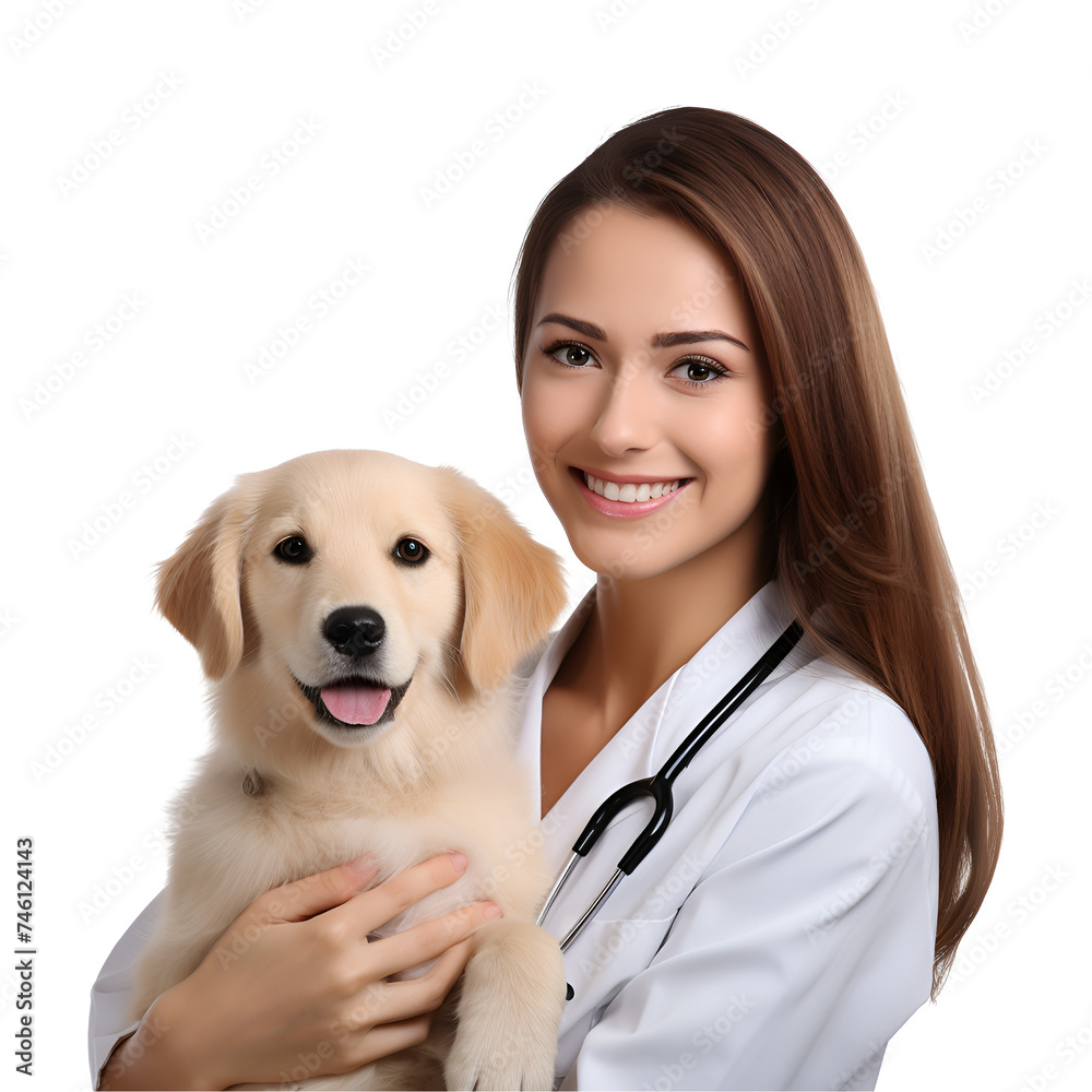 Veterinary woman doctor in portrait, stroking dog during pet health checkup at clinic, Isolated on Transparent Background, PNG